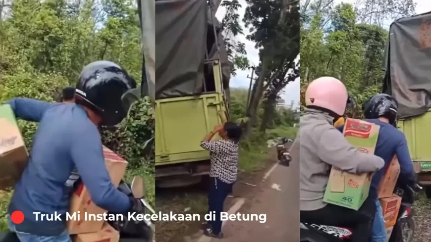 Truk Mi Instan Kecelakaan di Betung, Banyuasin, Warga Malah Jarah Muatan